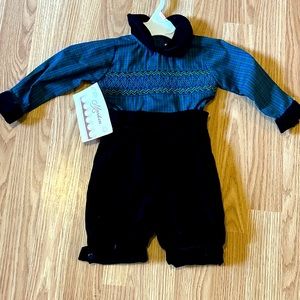 Marilen 2 piece Velvet Pant & Blue & Green Plaid Top w/ Peter Pan Collar - 6 mo